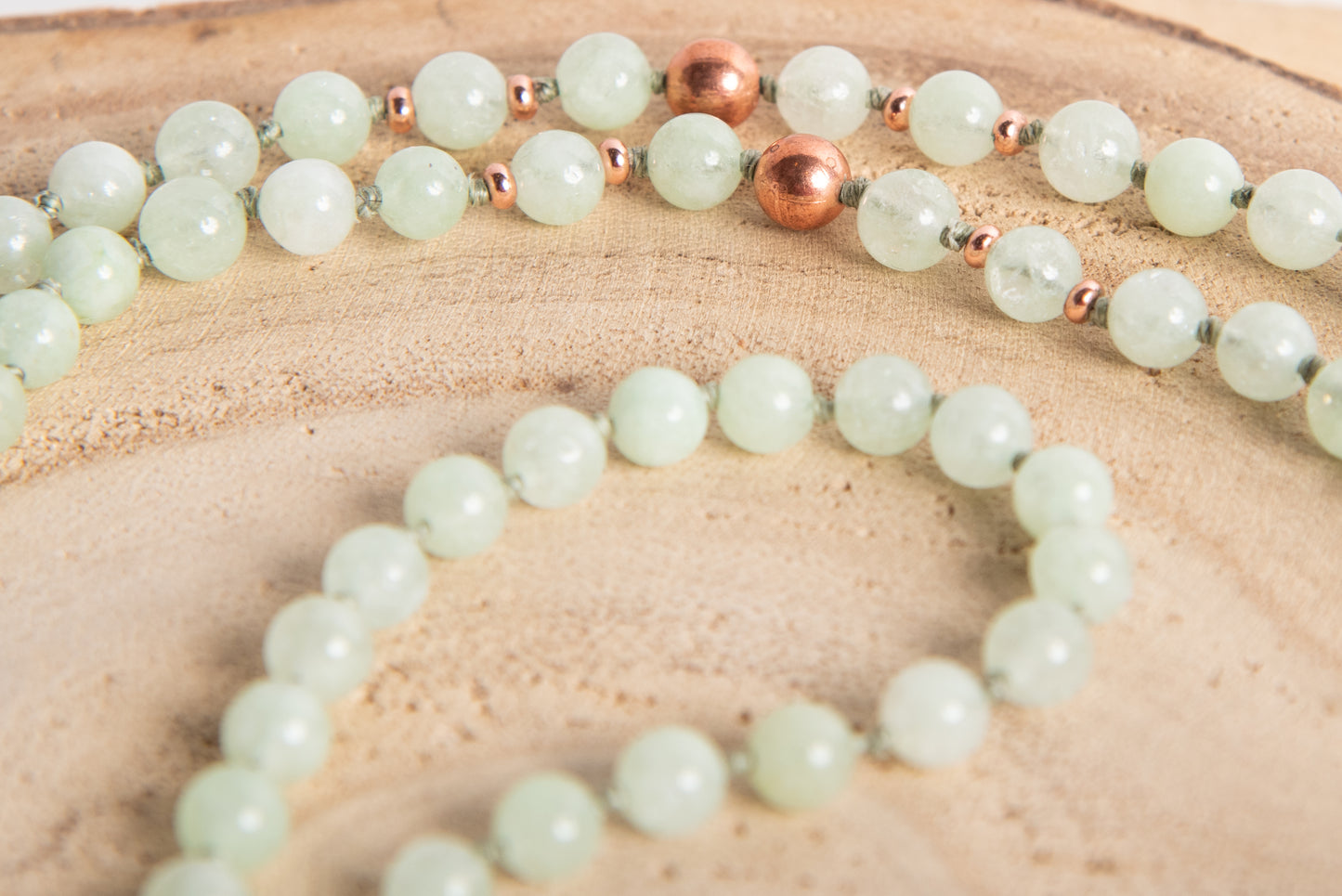 Mala collana 108 perle Crisoprasio australiano, perla guru in rame, rame