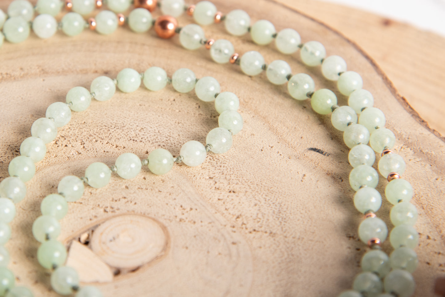 Mala collana 108 perle Crisoprasio australiano, perla guru in rame, rame