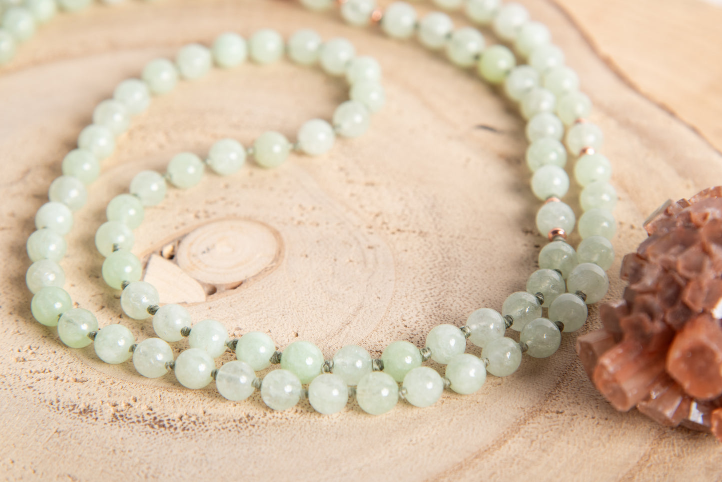 Mala collana 108 perle Crisoprasio australiano, perla guru in rame, rame