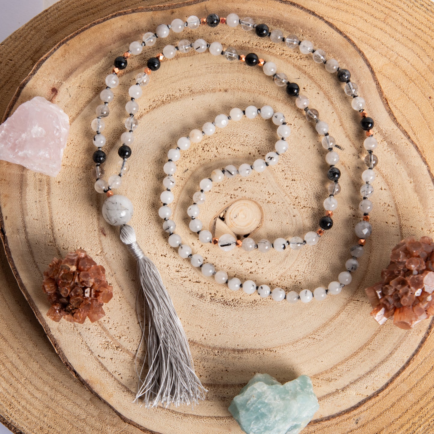 Mala in Quarzo Tormalinato, Pietra Guru Quarzo tormalinato, Rame