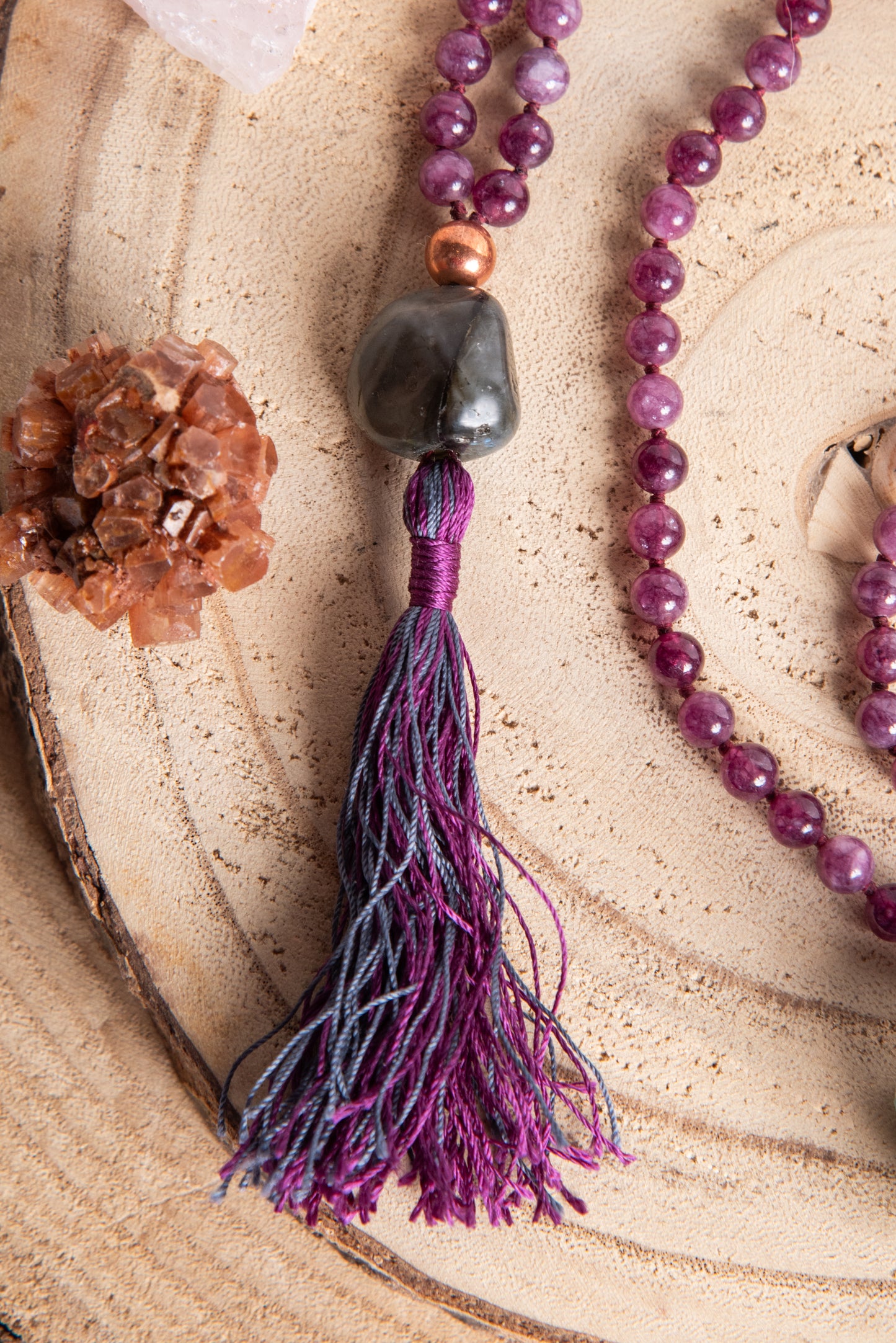 Mala in Lepidolite, Pietra guru Labradorite, Rame