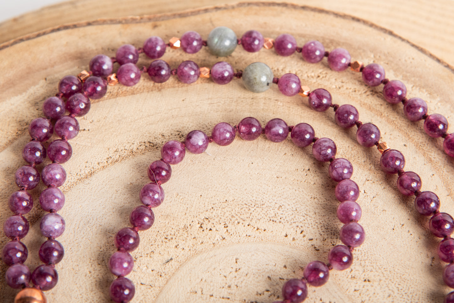 Mala in Lepidolite, Pietra guru Labradorite, Rame