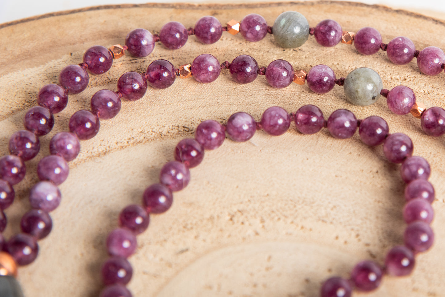 Mala in Lepidolite, Pietra guru Labradorite, Rame