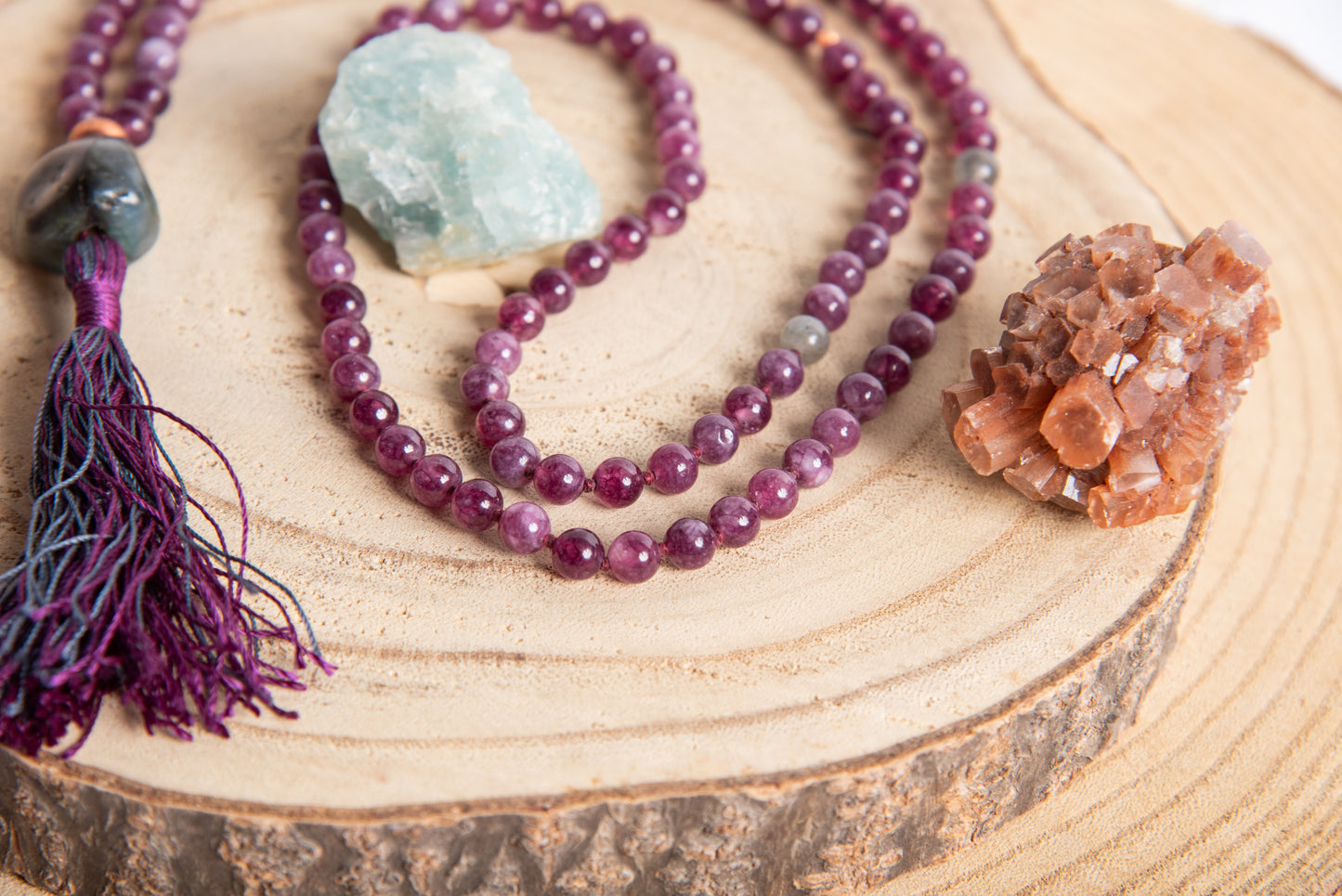 Mala in Lepidolite, Pietra guru Labradorite, Rame