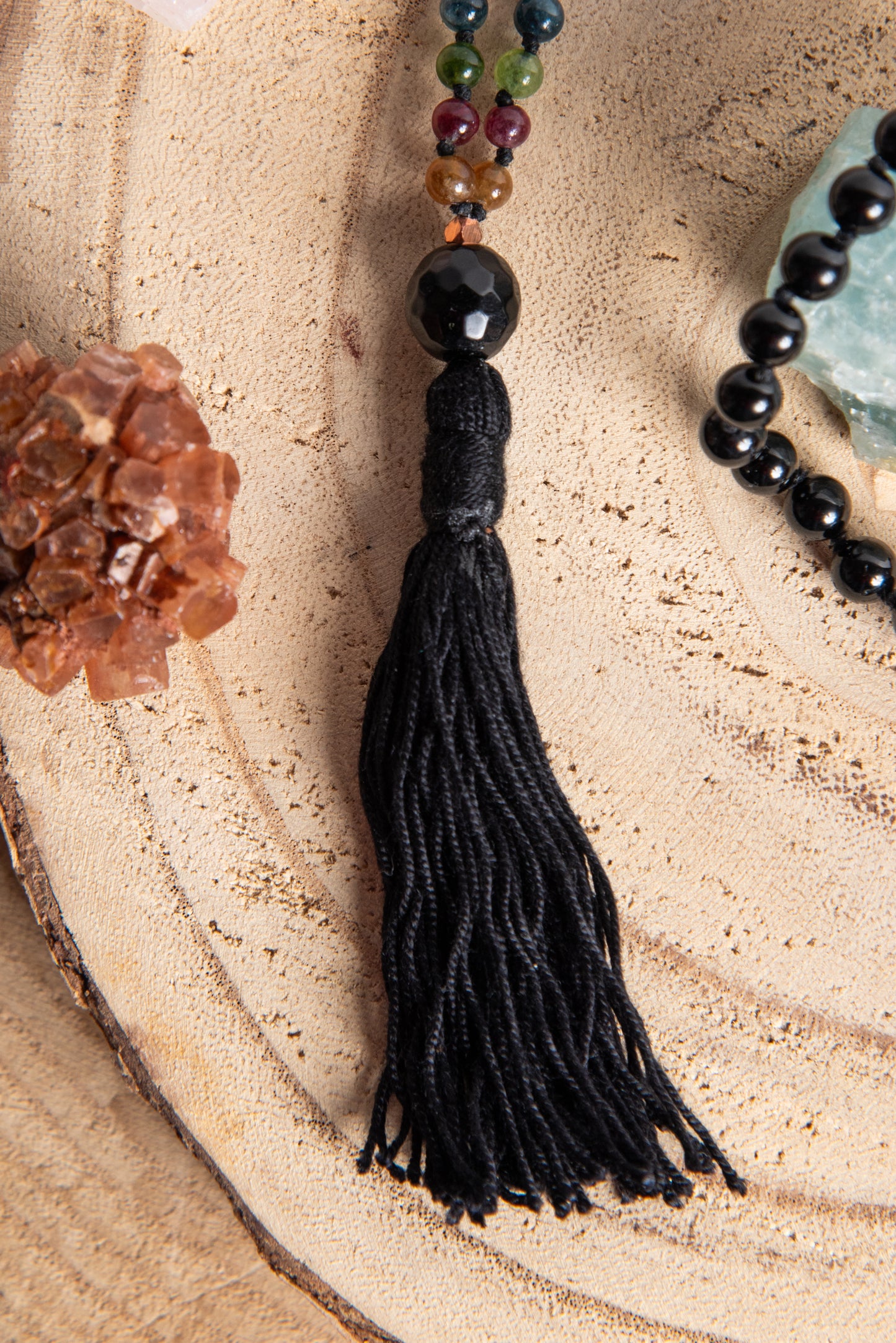 Mala collana 108 perle di Tormalina naturale vari colori e Onice, Pietra Guru Onice, Rame