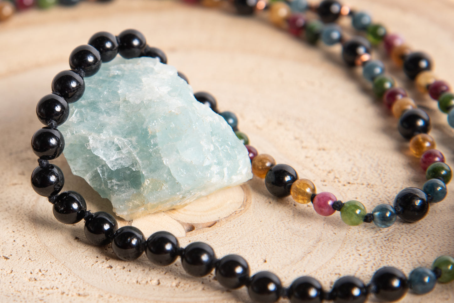 Mala collana 108 perle di Tormalina naturale vari colori e Onice, Pietra Guru Onice, Rame