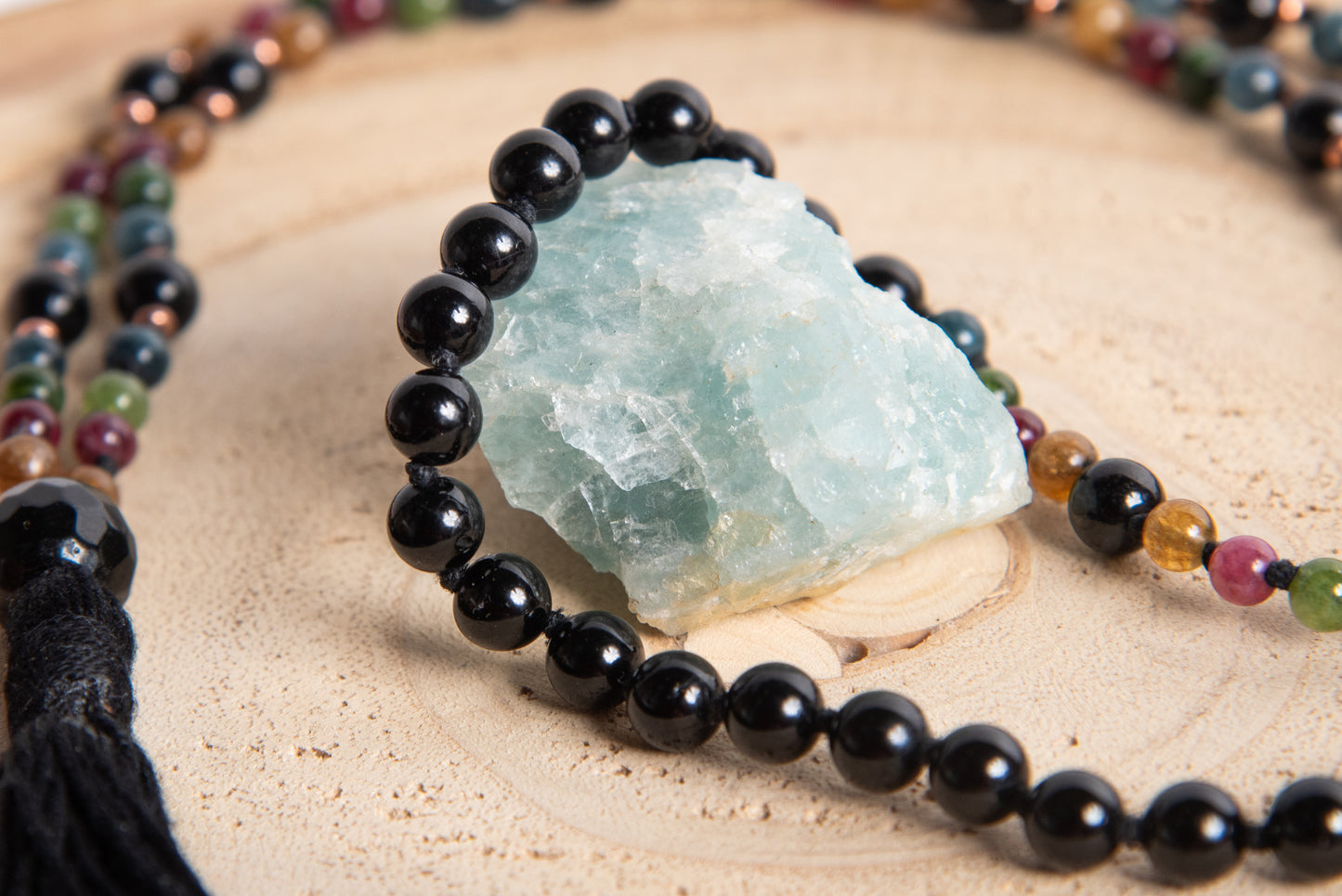 Mala collana 108 perle di Tormalina naturale vari colori e Onice, Pietra Guru Onice, Rame