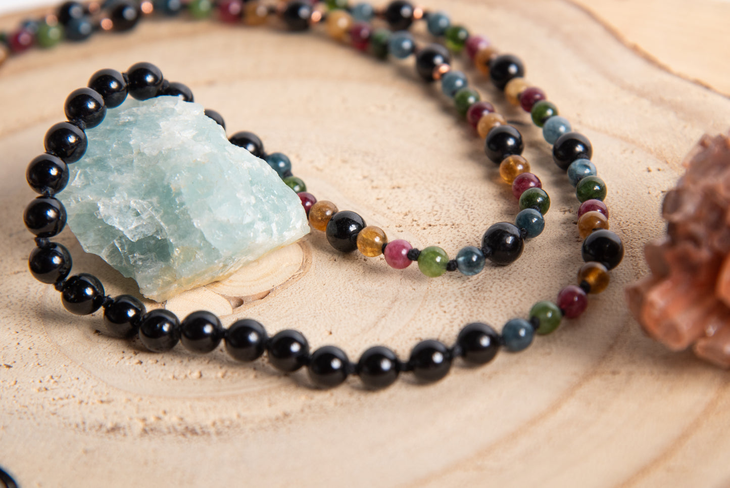 Mala collana 108 perle di Tormalina naturale vari colori e Onice, Pietra Guru Onice, Rame