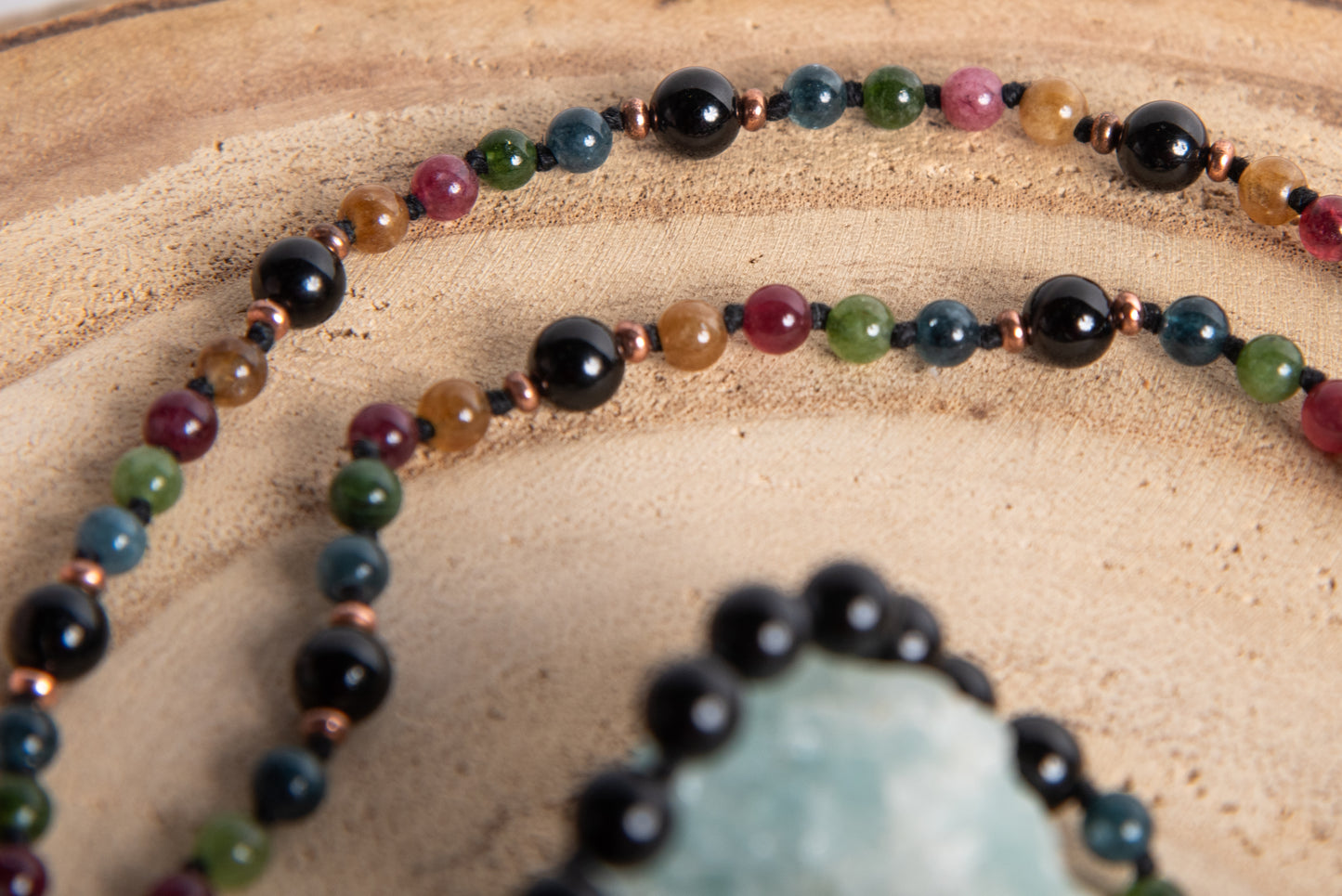 Mala collana 108 perle di Tormalina naturale vari colori e Onice, Pietra Guru Onice, Rame