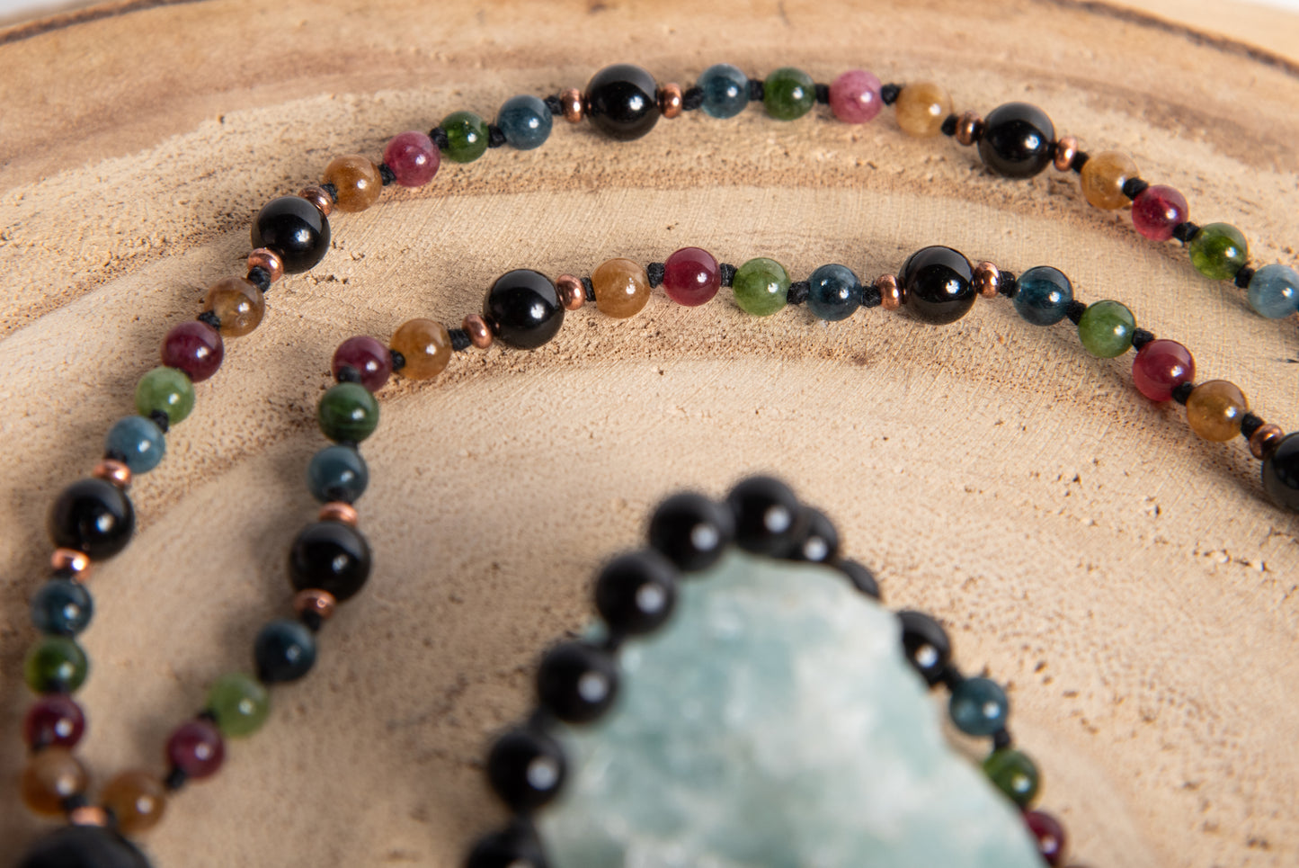 Mala collana 108 perle di Tormalina naturale vari colori e Onice, Pietra Guru Onice, Rame