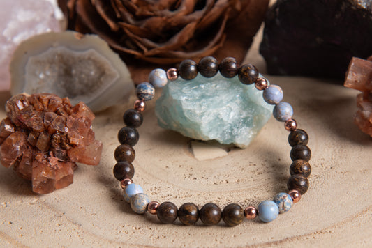 Bracciale perle 6 mm bronzite, diaspro imperiale, rame