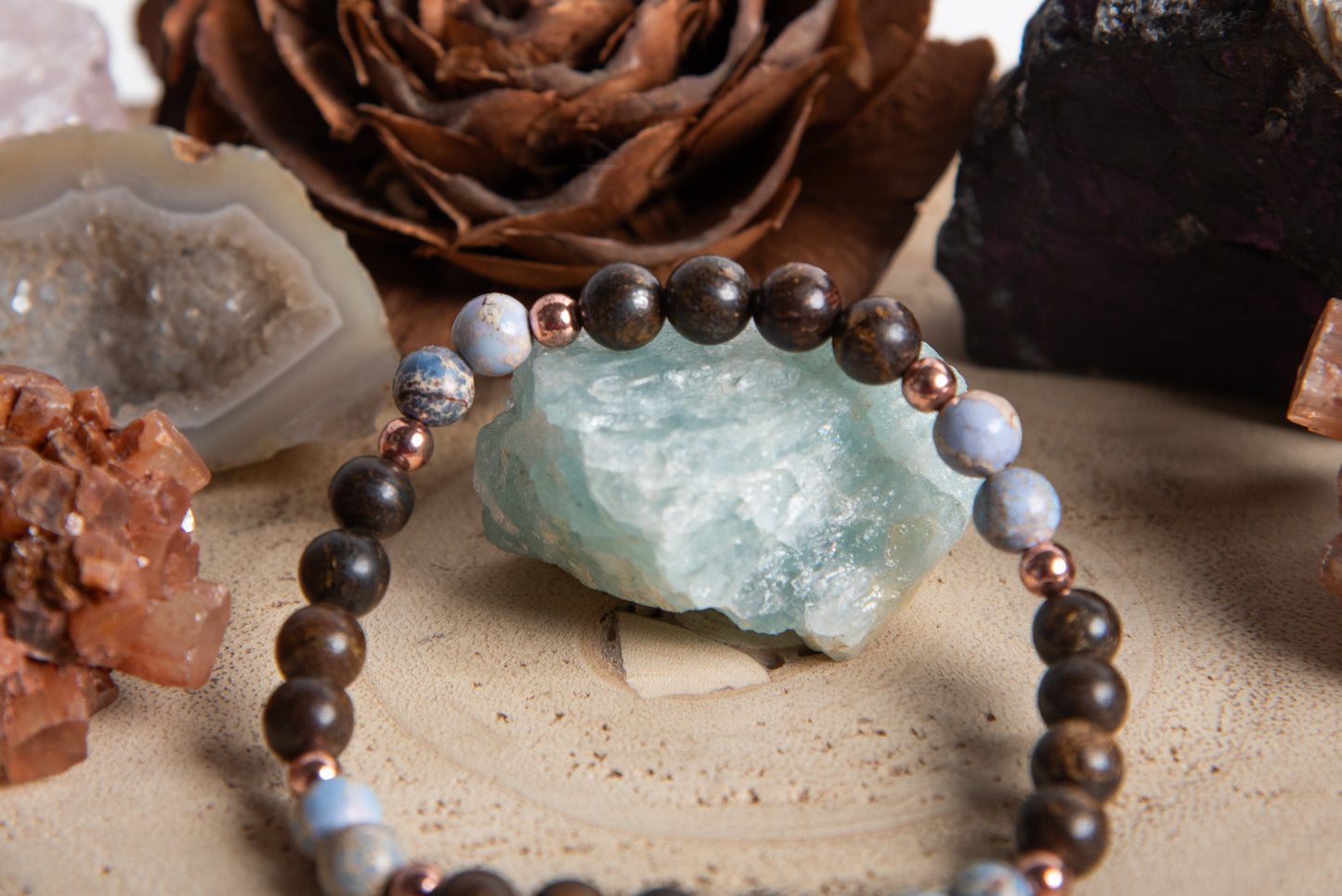 Bracciale perle 6 mm bronzite, diaspro imperiale, rame