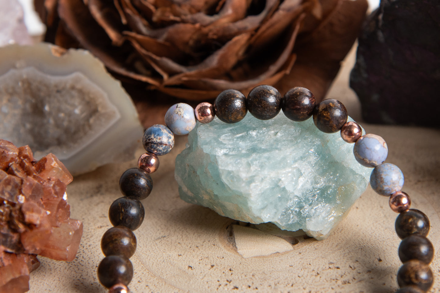 Bracciale perle 6 mm bronzite, diaspro imperiale, rame