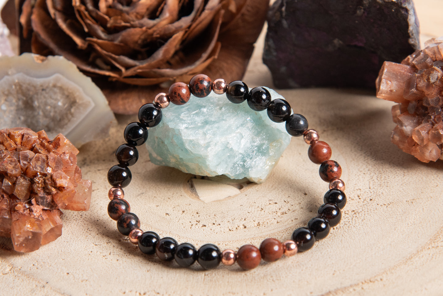 Bracciale perle 6 mm ossidiana mogano, onice, rame