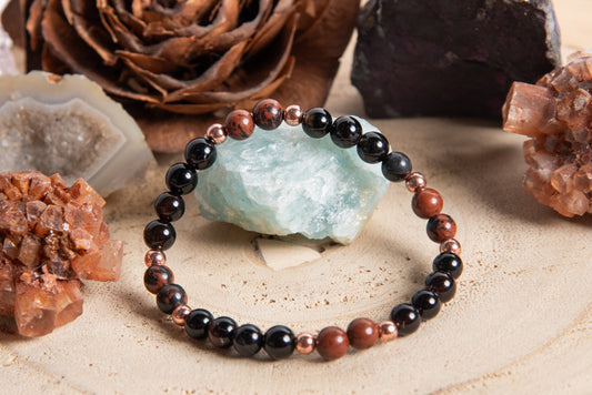 Bracciale perle 6 mm ossidiana mogano, onice, rame