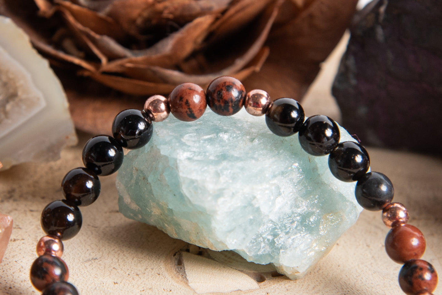 Bracciale perle 6 mm ossidiana mogano, onice, rame