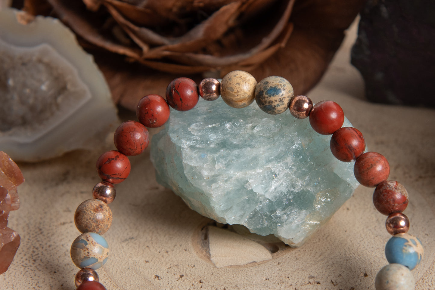 Bracciale perle 6 mm diaspro imperiale, diaspro rosso, rame