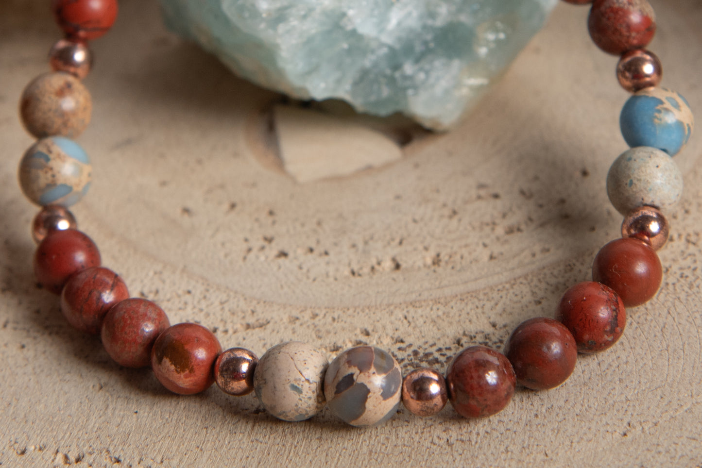 Bracciale perle 6 mm diaspro imperiale, diaspro rosso, rame