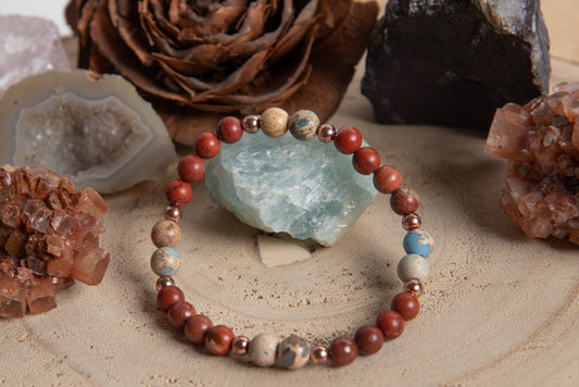 Bracciale perle 6 mm diaspro imperiale, diaspro rosso, rame