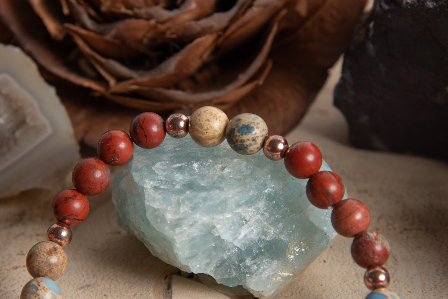 Bracciale perle 6 mm diaspro imperiale, diaspro rosso, rame