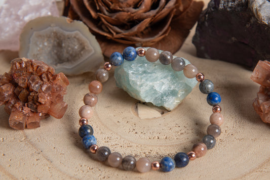 Bracciale perle 6 mm lapislazzuli, pietra di luna nera, rame