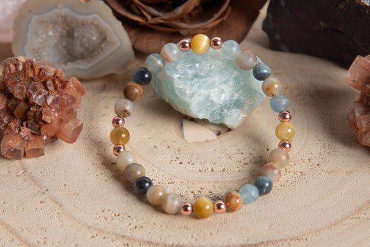 Bracciale perle 6 mm occhio di tigre dorato, occhio di falco, calcite blu, rame