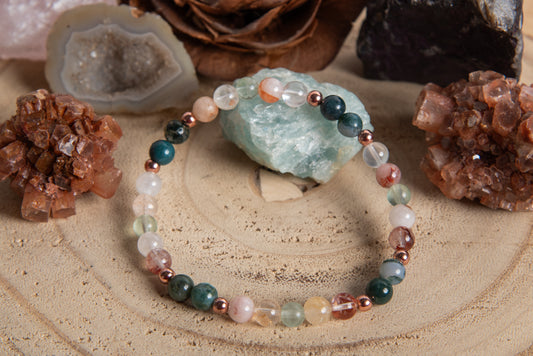 Bracciale perle 6 mm quarzo ematoide, agata muschiata, rame