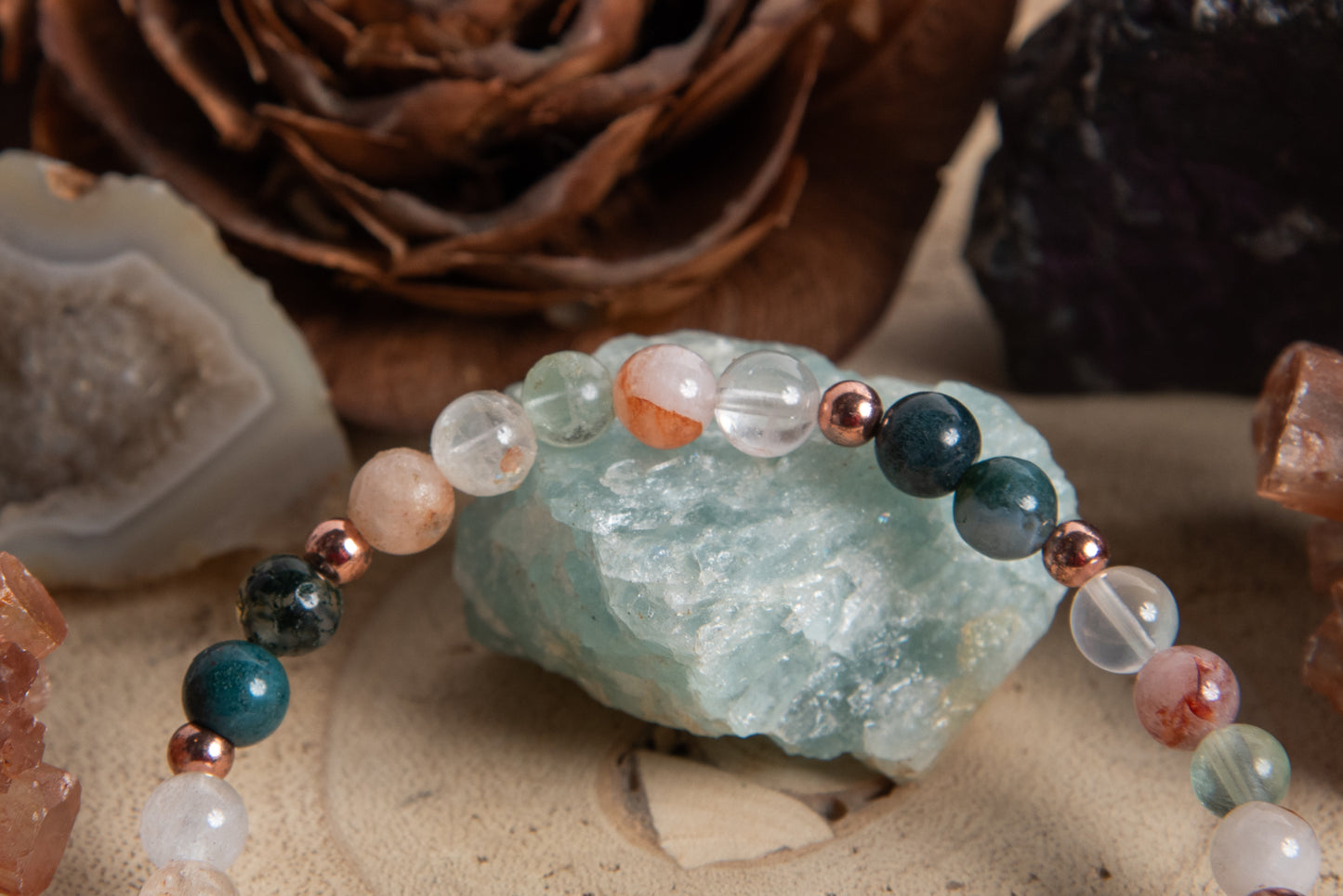 Bracciale perle 6 mm quarzo ematoide, agata muschiata, rame