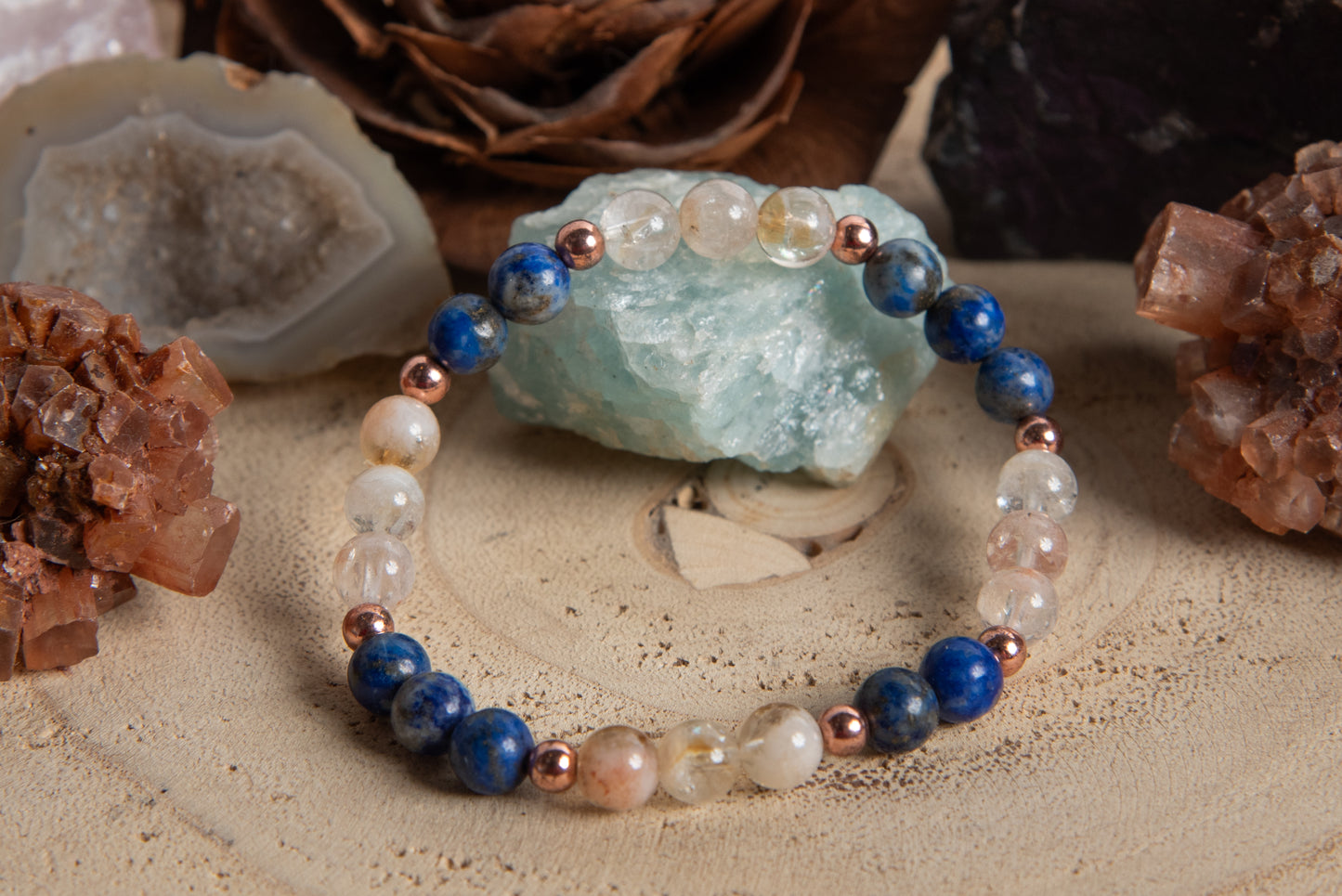 Bracciale perle 6 mm lapislazzuli, quarzo citrino, rame