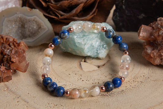 Bracciale perle 6 mm lapislazzuli, quarzo citrino, rame