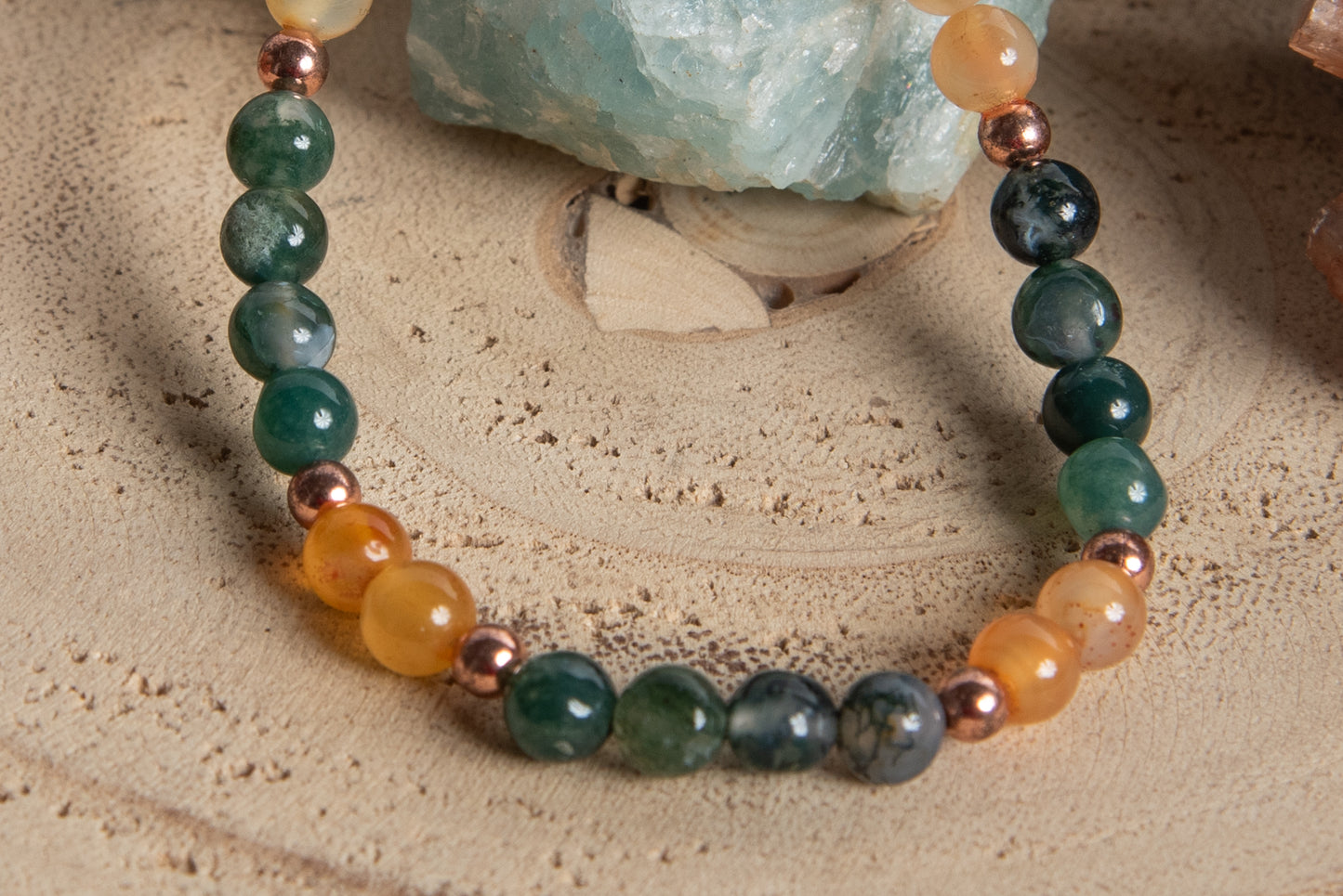 Bracciale perle 6 mm corniola, agata muschiata, rame