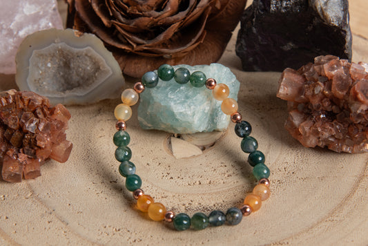 Bracciale perle 6 mm corniola, agata muschiata, rame