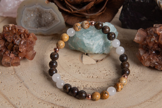 Bracciale perle 6 mm bronzite, agata bianca, diaspro paesaggio, rame