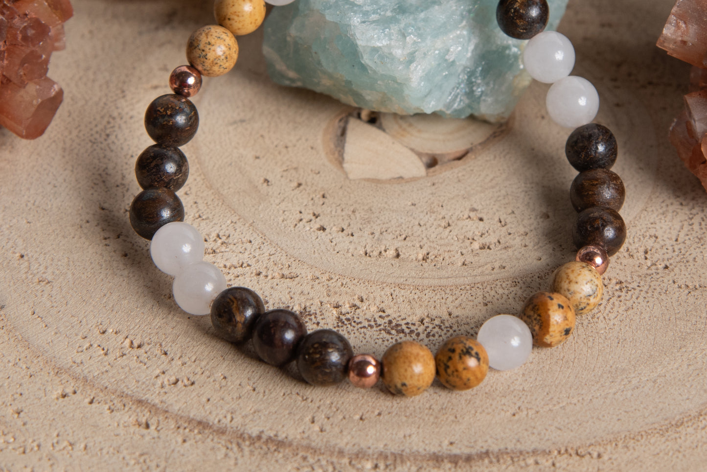 Bracciale perle 6 mm bronzite, agata bianca, diaspro paesaggio, rame