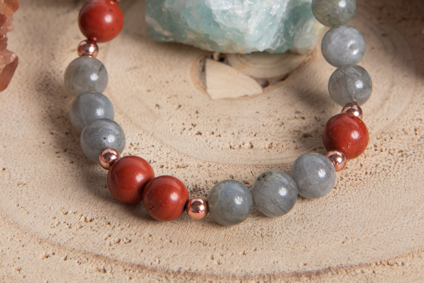 Bracciale perle 8 mm diaspro rosso, labradorite, rame