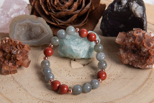 Bracciale perle 8 mm diaspro rosso, labradorite, rame