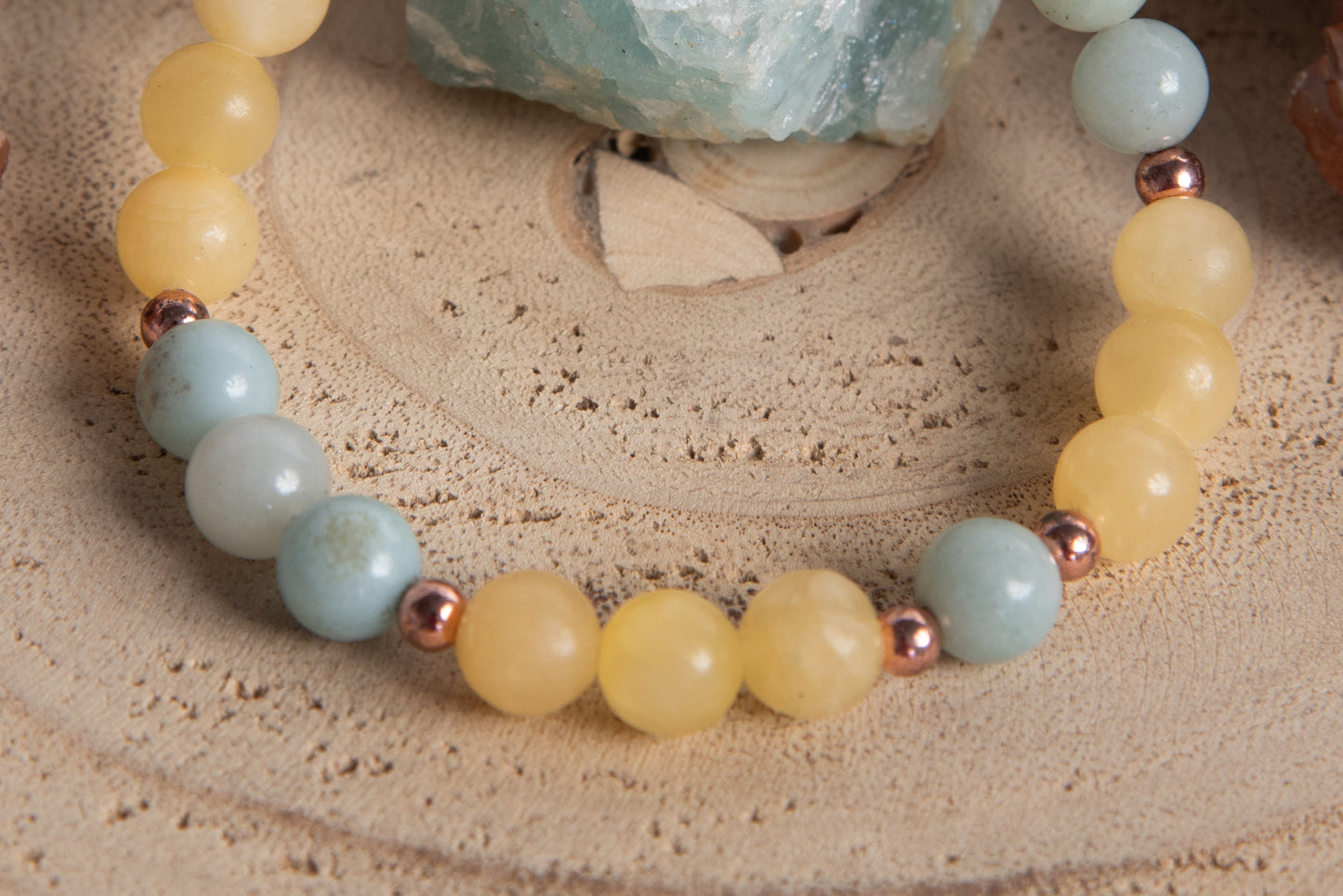 Bracciale perle 8 mm calcite gialla, amazzonite, rame