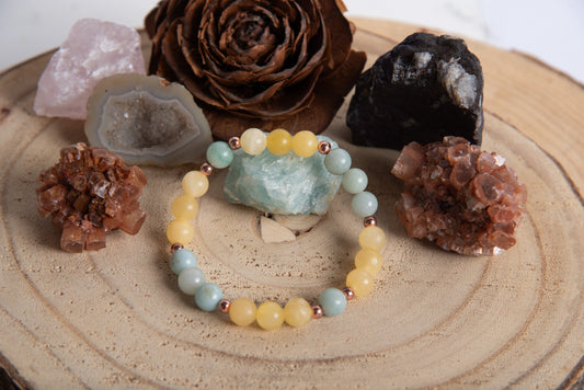 Bracciale perle 8 mm calcite gialla, amazzonite, rame