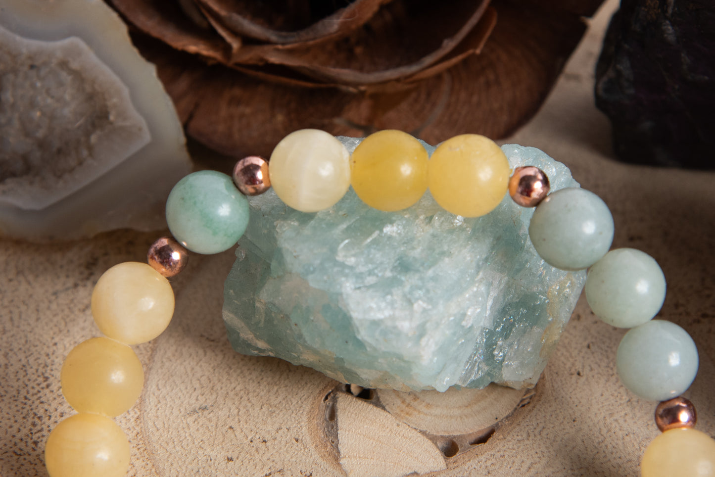 Bracciale perle 8 mm calcite gialla, amazzonite, rame