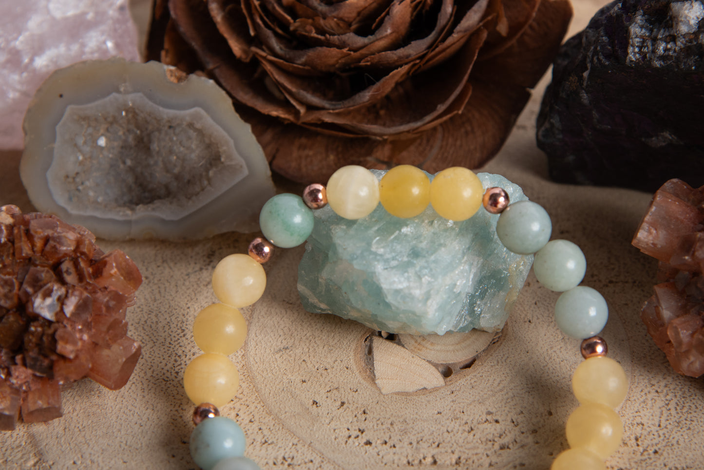 Bracciale perle 8 mm calcite gialla, amazzonite, rame