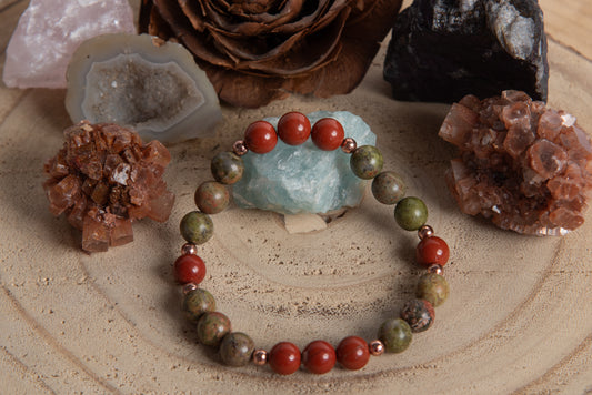 Bracciale perle 8 mm diaspro rosso, unakite, rame