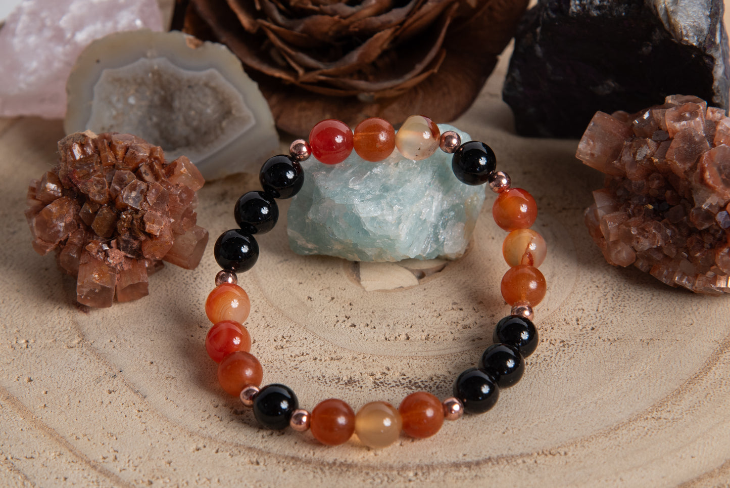 Bracciale perle 8 mm corniola, onice, rame