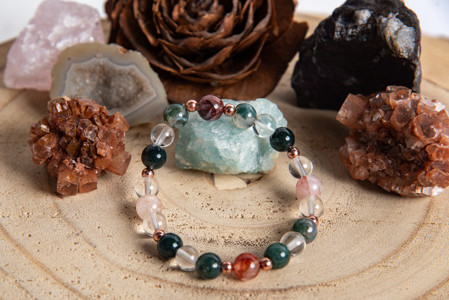 Bracciale perle 8 mm quarzo ematoide, agata muschiata, quarzo ialino, rame
