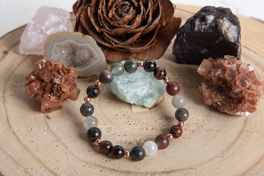 Bracciale perle 8 mm occhio di bue, eliotropio, rame