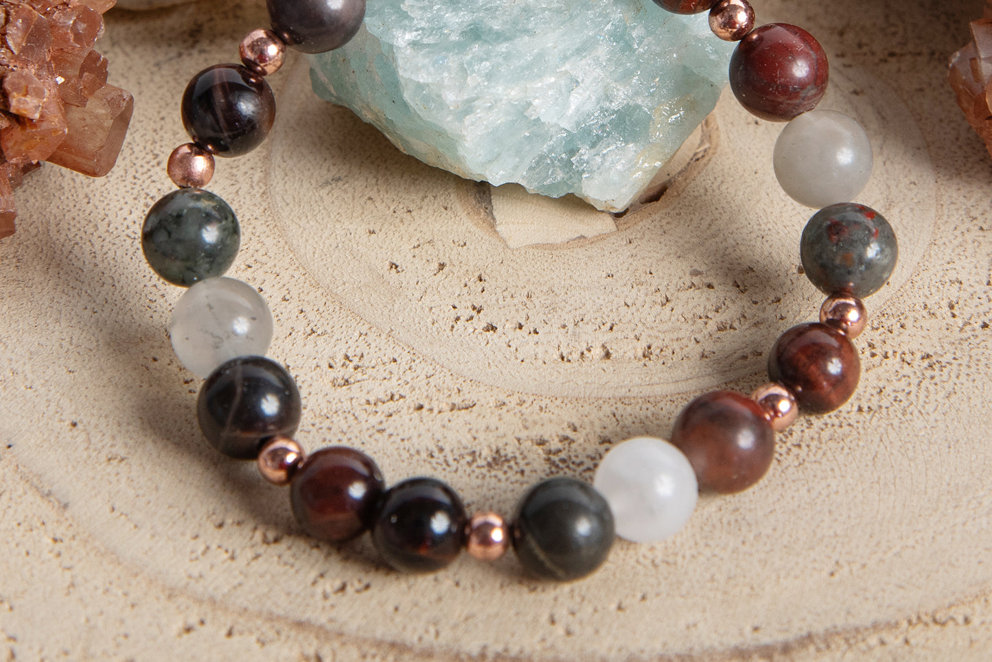 Bracciale perle 8 mm occhio di bue, eliotropio, rame