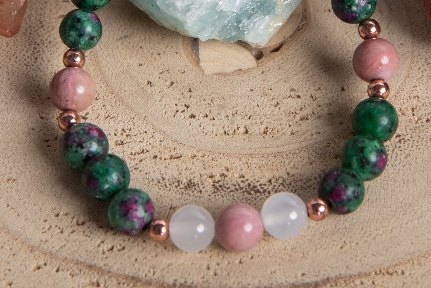 Bracciale perle 8 mm zoisite, quarzo rosa, rodonite, rame