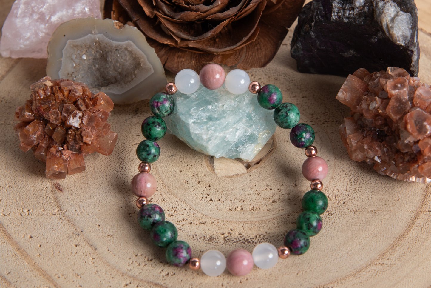 Bracciale perle 8 mm zoisite, quarzo rosa, rodonite, rame