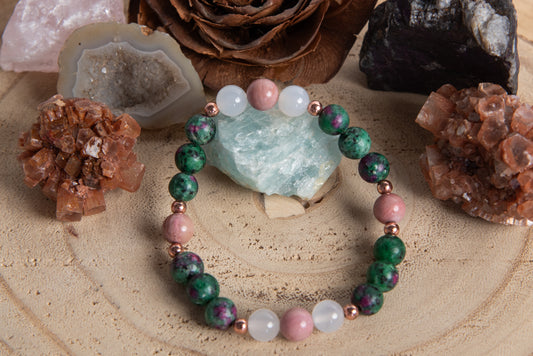 Bracciale perle 8 mm zoisite, quarzo rosa, rodonite, rame