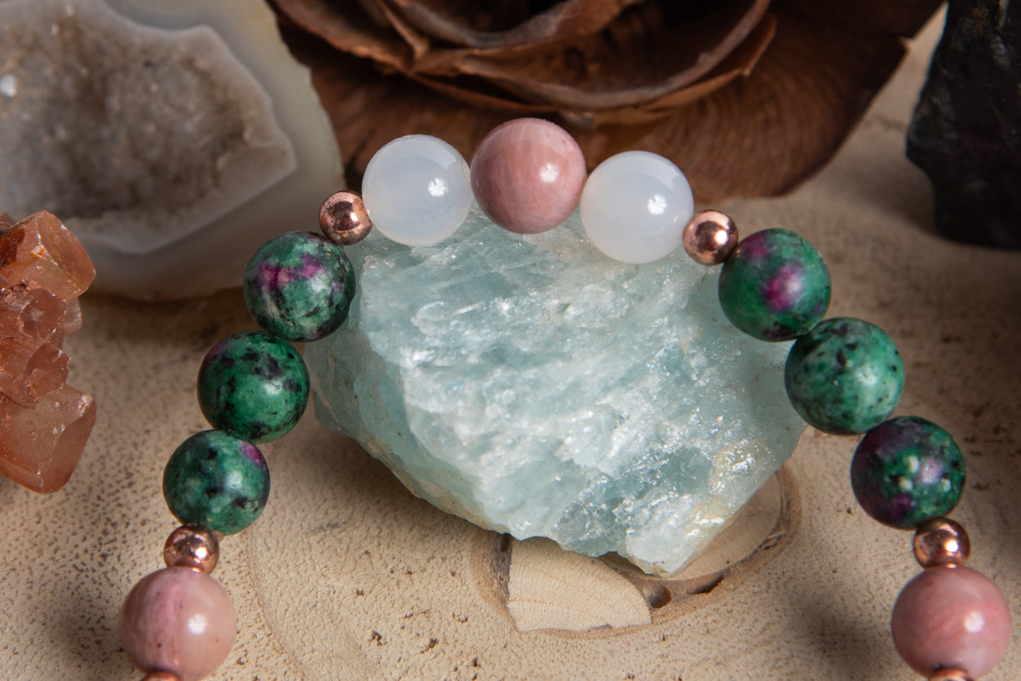 Bracciale perle 8 mm zoisite, quarzo rosa, rodonite, rame