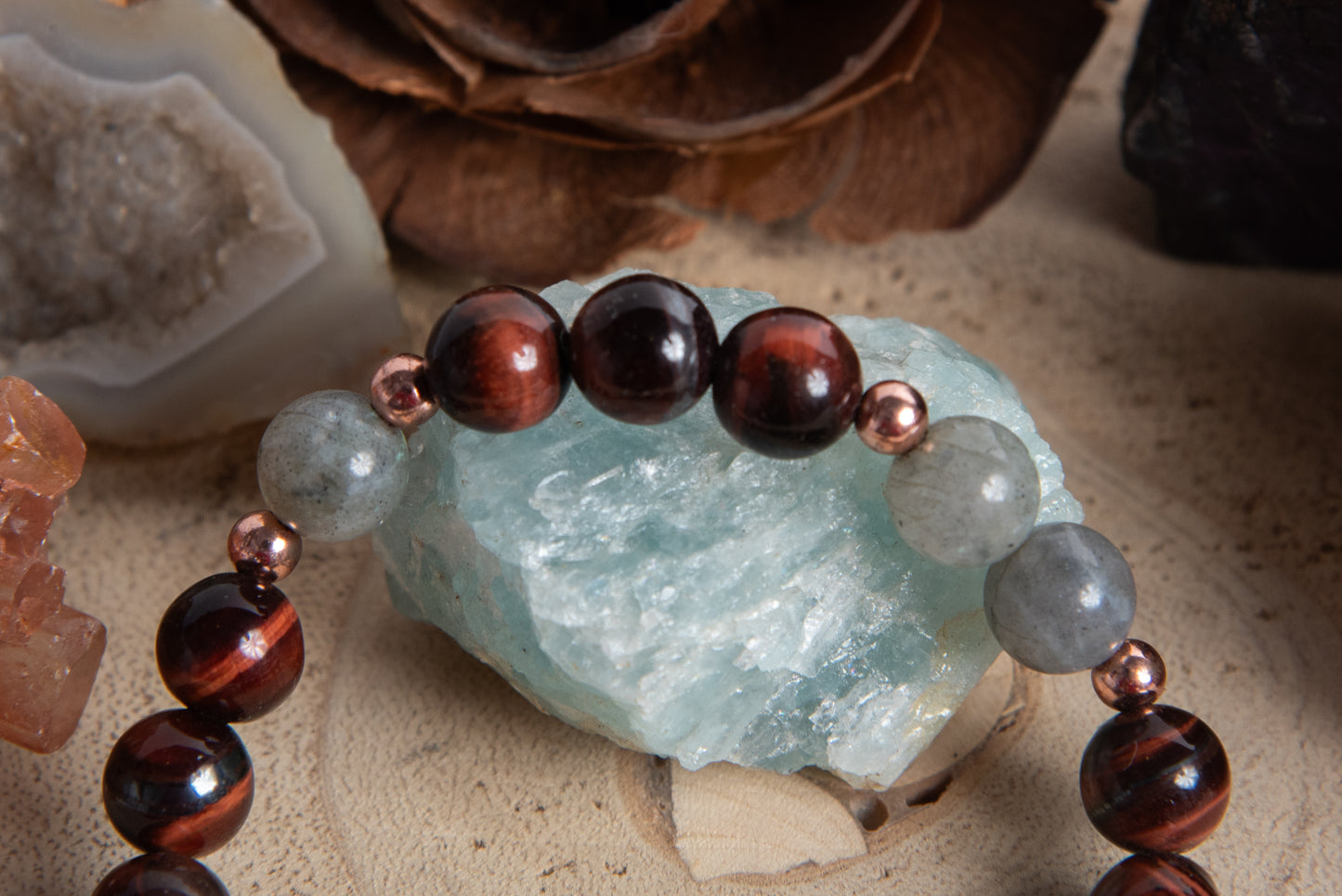 Bracciale perle 8 mm occhio di bue, labradorite, rame